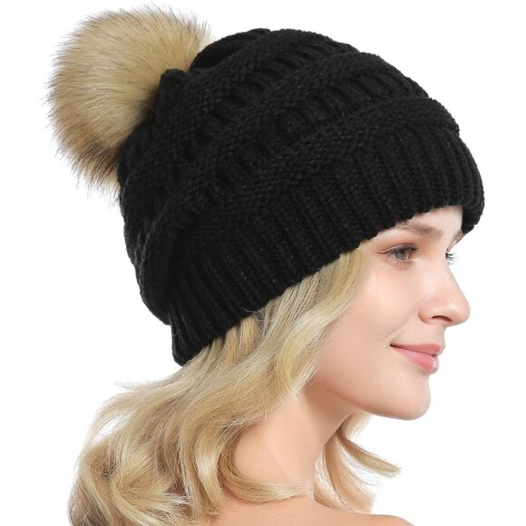Women Black 2 Soft Acrylic Thick Baggy Knit Winter Faux Fur Pompom Beanie - Picture 4 of 6